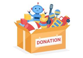 kartong donation låda som innehåller leksaker för barn, social vård, volontär och välgörenhet i hand dragen tecknad serie platt illustration vektor