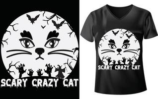 Halloween-Katzen-T-Shirt-Design, gruselige verrückte Katze vektor