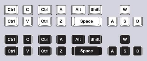 Satz von Computer-Tastenkombinationen. Symbole für Befehlssätze. Tastensatz für die Computertastatur. Vektorillustrationen. vektor