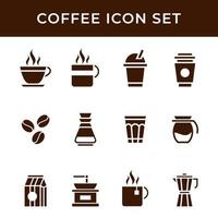 Satz von Kaffee-Icon-Vektorsilhouette mit französischer Presse, Cocktail, Papierpackung, Tasse zum Mitnehmen, Moka-Topf, Cezve, Espresso, Cappuccino, Maschine, Mühle. vektor