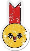 beunruhigter Aufkleber einer niedlichen Cartoon-Goldmedaille vektor