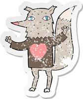 Retro beunruhigter Aufkleber eines Cartoonwolfs mit Liebesherzt-stück vektor