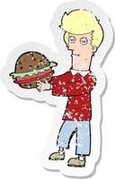 Retro-Distressed-Aufkleber eines Cartoon-Mannes, der Burger isst vektor