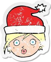 Retro-Distressed-Aufkleber einer Cartoon-Frau mit Weihnachtsmütze vektor