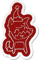 Lycklig tecknad serie klistermärke av en räv bär santa hatt vektor