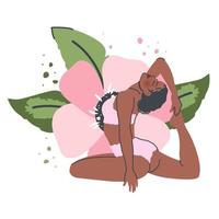 skön yoga kvinna isolerat på natur bakgrund. ung svart flicka i yoga utgör sträcker sig. meditation och andas öva. vektor platt tecknad serie illustration för friska livsstil, sport