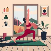 skön yoga kvinna på Hem. ung yoga flicka sträckor inomhus. kvinna karaktär gör meditation, andas öva i rum. interiör design. vektor platt tecknad serie illustration av friska livsstil
