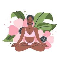 skön yoga kvinna isolerat på natur bakgrund. lotus posera.ung svart flicka i yoga utgör. meditation och andas öva. vektor platt tecknad serie illustration för friska livsstil, sport