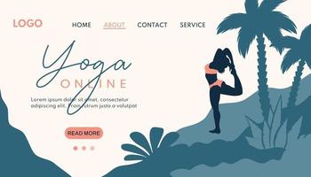 yoga baner. silhuett av skön yoga flicka i baddräkt på de strand. kvinna karaktär gör meditation, andas öva utomhus. vektor platt illustration för friska livsstil, affisch, hemsida