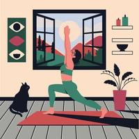 skön yoga kvinna på Hem. ung yoga flicka sträckor inomhus. kvinna karaktär gör meditation öva i rum med svart katt. interiör design. vektor platt tecknad serie illustration av friska livsstil