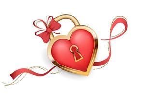 hjärtformade guld slott i realistisk stil isolerat på vit bakgrund. låsa, röd hjärta med band och rosett. romantisk design. vektor illustration.