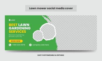 Rasenmäher-Werbung Social-Media-Cover-Foto-Design-Vorlage. Mähen Service Social Media Timeline Webbanner vektor