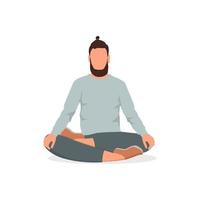 benen i kors man mediterar eller praktiserande yoga isolerat på de vit bakgrund. vektor illustration av avslappnad kille praktiserande mindfulness meditation och andetag kontrollera övningar i tystnad