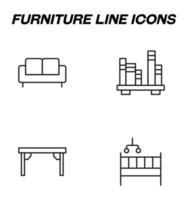 enkel svartvit tecken dragen med svart tunn linje. vektor linje ikon uppsättning med symboler av soffa, bokhylla, tabell, vagga, spjälsäng