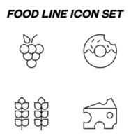 einfache einfarbige zeichen, die mit einer schwarzen dünnen linie gezeichnet sind. Vektorliniensymbol mit Symbolen für Traube, Donut, Weizen, Käse vektor