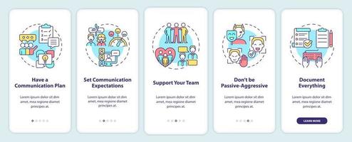 projektkommunikationsmanagement beim onboarding des mobilen app-bildschirms. Haben Sie einen Plan Walkthrough 5 Schritte grafische Anleitungsseiten mit linearen Konzepten. ui, ux, gui-Vorlage. vektor
