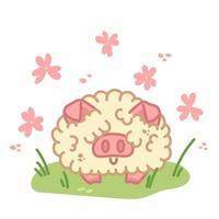 flauschiges Schwein. Kawaii-Charakter auf grünem Rasen. Fantasietier mit Blumen. Vektor-Illustration isoliert auf weißem Hintergrund. vektor