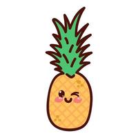söt ananas i tecknad serie stil. söt frukt karaktär med leende ansikte. vektor illustration isolerat på vit bakgrund.