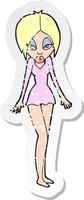 retro nödställd klistermärke av en tecknad kvinna i kort klänning vektor