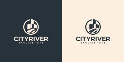 kreativ stad flod logotyp, byggnad med vatten symbol logotyp design vektor