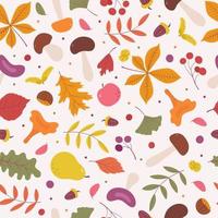 Vektor bunte lustige Herbst natürliche nahtlose Muster mit Herbstlaub, Pilzen, Eicheln und Beeren. süßer Herbsthintergrund