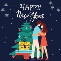 Lycklig par älskande med medicinsk mask kram fira jul Semester tillsammans. leende man och kvinna ha roligt omfamning njut av ny år fest eller firande. platt vektor illustration underhållning,