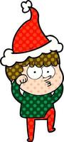 Comic-Stil-Illustration eines neugierigen Jungen, der ungläubig die Augen reibt und eine Weihnachtsmütze trägt vektor