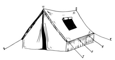 teckning av tält för camping. vektor hand dragen illustration i klotter stil. svart skiss av läger för picknick i vit isolerat bakgrund