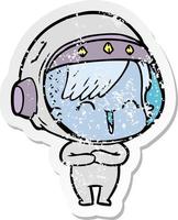 beunruhigter Aufkleber eines lachenden Cartoon-Astronautenmädchens vektor