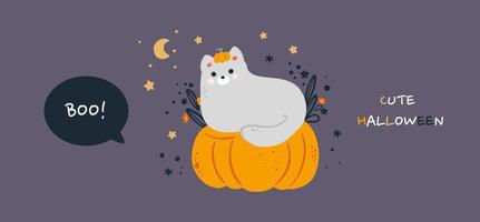 halloween hälsning kort med en söt katt på en pumpa bär en pumpa hatt vektor