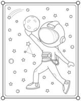 süßer astronaut, der mondball im weltraum spielt, geeignet für kinderfarbseiten-vektorillustration vektor