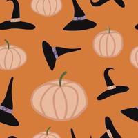 häxa hatt och pumpa halloween sömlös mönster på orange bakgrund vektor