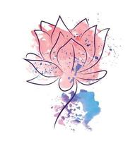 Logo Tattoo Design Silhouette Lotus im Linienkunststil mit Aquarellfarbenflecken isoliert auf weißem Hintergrund vektor