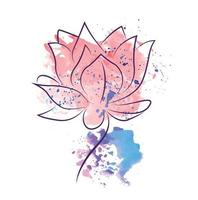 logotyp tatuering design silhuett lotus i linje konst stil med vattenfärg måla fläckar isolerat på vit bakgrund vektor