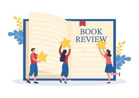 bok recension mall hand dragen tecknad serie platt illustration med läsare respons för analys, betyg, tillfredsställelse och kommentarer handla om publikationer vektor