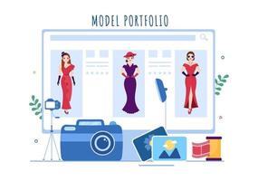 modellportfolio-vorlage handgezeichnete cartoon-flachillustration mit modelagenturmanager und fotograf fotografieren des modells im plattformdesign vektor