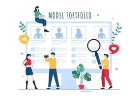 modellportfolio-vorlage handgezeichnete cartoon-flachillustration mit modelagenturmanager und fotograf fotografieren des modells im plattformdesign vektor