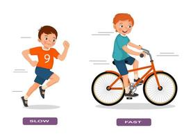 entgegengesetzte Adjektiv-Antonym-Wörter langsam und schnell Illustration des kleinen Jungen, der Fahrrad-Erklärungs-Flashcard mit Textetikett läuft und fährt vektor