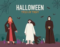 halloween affisch med häxa, spöke och skördeman. platt design stil vektor illustration.