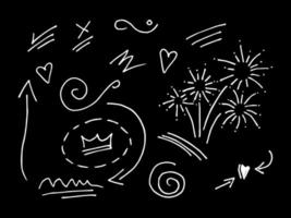 vektor hand dragen samling av design element. lockigt svischar, svep, virvla runt, hjärta, kärlek, krona, blomma, pil, stjärna, fyrverkeri, markera text och betoning element. på svart bakgrund