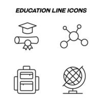 svartvit isolerat symboler dragen med svart tunn linje. perfekt för butiker, butiker, annonser. vektor ikon uppsättning med tecken av skola väska, klot, kemisk förening och akademisk fyrkant keps