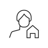 hobby, geschäft, beruf des menschen. modernes Vektorumrisssymbol im flachen Stil mit schwarzer dünner Linie. einfarbige Ikone des Hauses oder Gebäudes durch einen anonymen Mann vektor