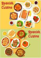 spanska kök skaldjur och kött maträtter ikon uppsättning vektor