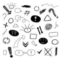einfache handgezeichnete schwarze sprechblasen, pfeile, symbole auf weißem hintergrund bildungsset. Schul- oder Geschäftsset. Schwarz-Weiß-Stil vektor