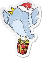 beunruhigter Aufkleber-Cartoon eines Vogels, der Sankt-Hut trägt vektor