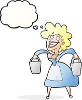 tecknad serie mjölkerska bärande hinkar med trodde bubbla vektor