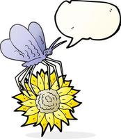 Freihändig gezeichneter Sprechblasenkarikaturschmetterling auf Blume vektor