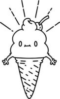 Illustration eines traditionellen Eiscreme-Charakters im Tattoo-Stil mit schwarzer Linie vektor