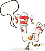 freehand dragen Tal bubbla tecknad serie kyckling löpning i rolig hatt vektor