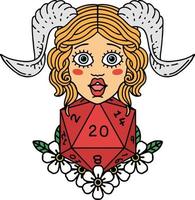 Tiefling im Retro-Tattoo-Stil mit natürlicher 20-Würfel-Rolle vektor